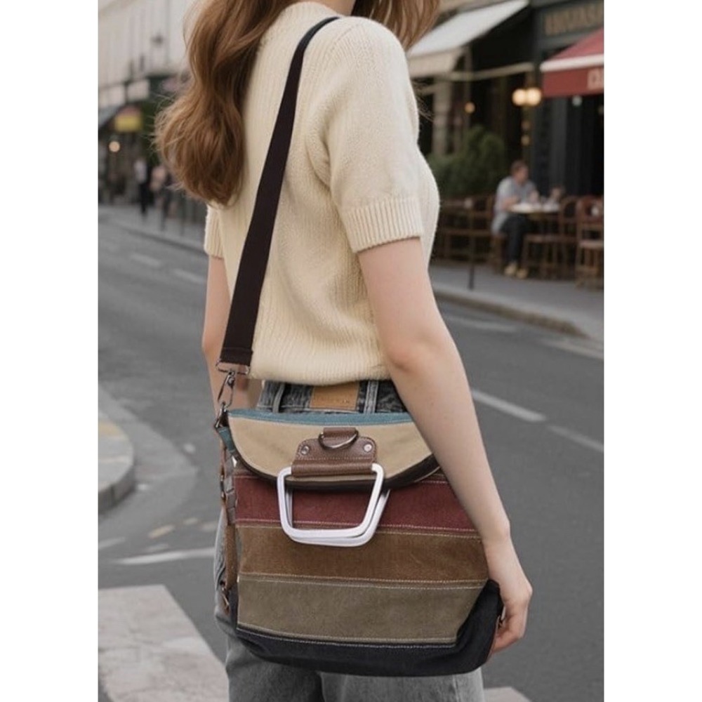 Manjianghong Boho Striped Multicolor Canvas Tote  Adjustable Strap Metal Handles
